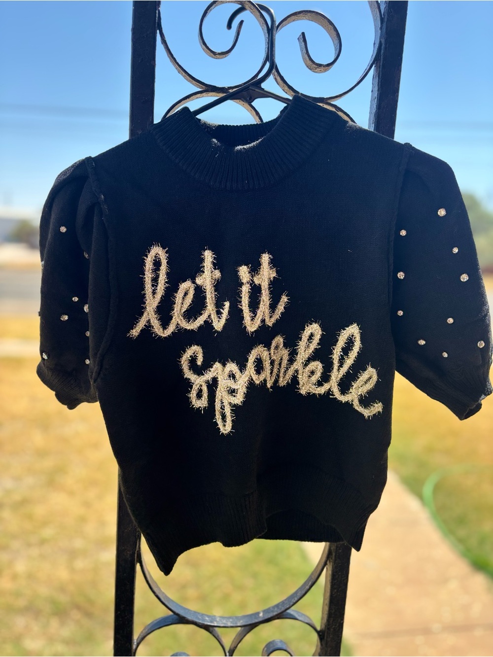 Women Black 'Let It Sparkle' Short Sleeve Sweater Top peach love